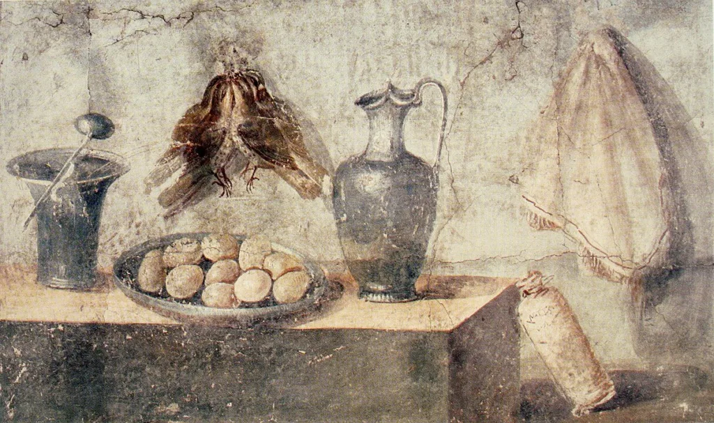 Pompeii, Julia Felix'in Evi'nden yumurtalar, kuşlar ve bronz tabakların resmedildiği natürmort bir resim