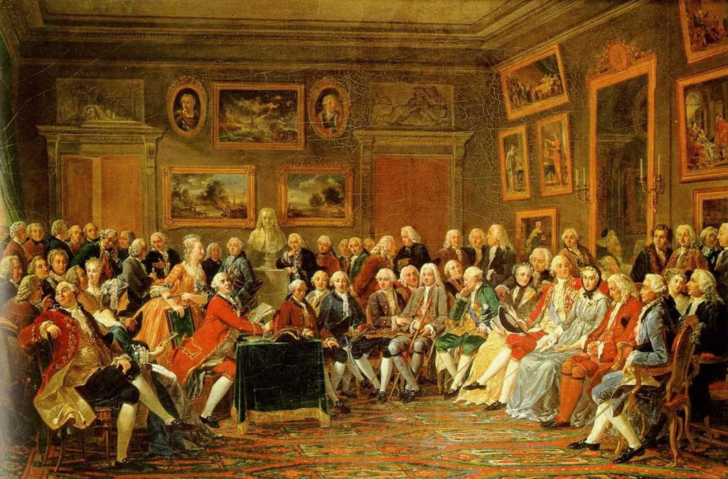 Aydınlanma Çağı örneklerinden Voltaire'in "la lettura della tragedia" adlı eserinin Dipinto di Charles Gabriel Lemonnier tarafından sunumu.