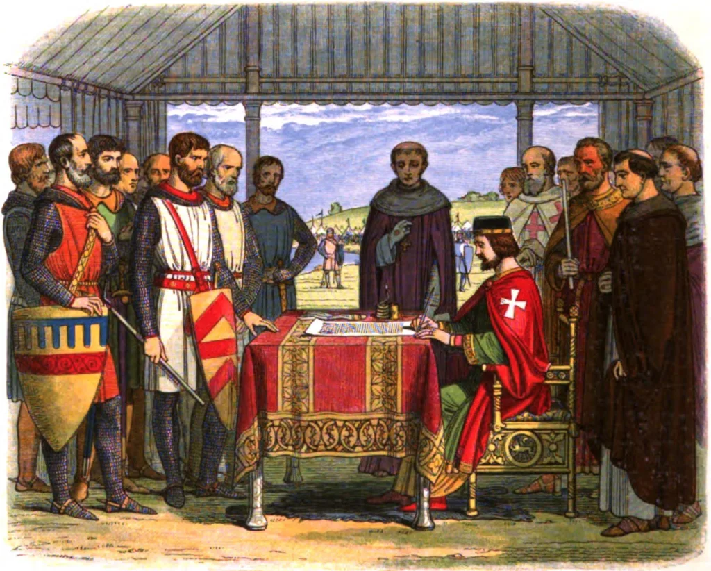 James William Edmund Doyle tarafından 1864 yılında yayınlanan "A Chronicle of England" adlı eser için hazırlanmış, Kral John'un Magna Carta'yı imzaladığını tasvir eden 19. yüzyıl romantik bir yeniden canlandırmasıdır.