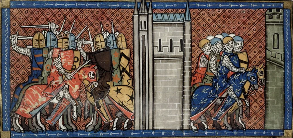 İngiltere Kralı John, Franklarla savaşırken (solda), Fransa Prensi VIII. Louis yürüyüşte (sağda). Saint-Denis Kronikleri, 14. Yüzyıl