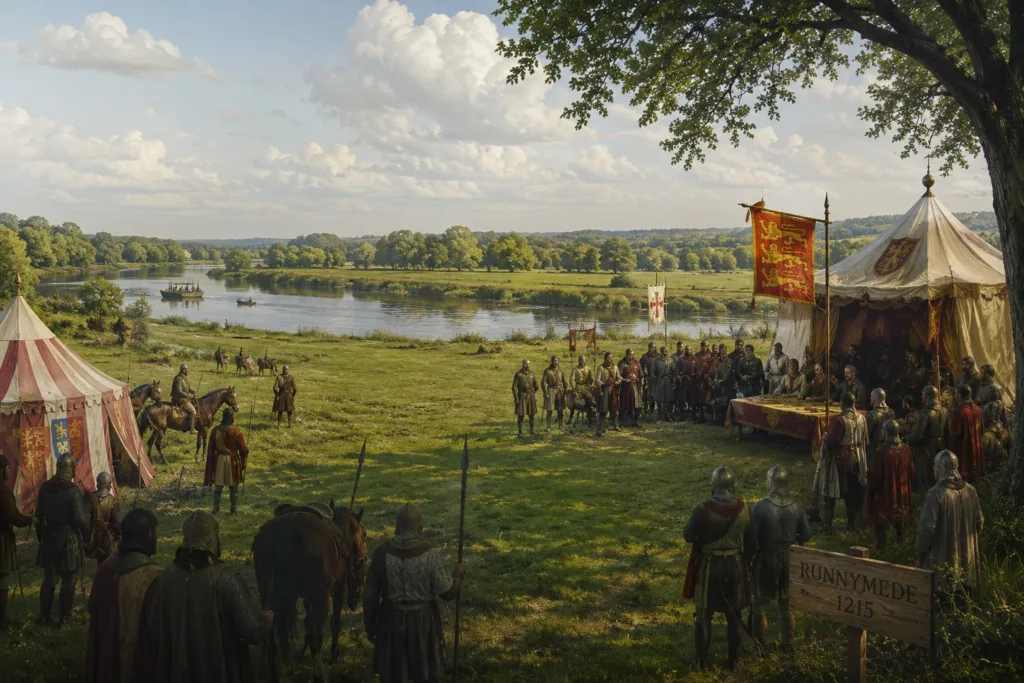 Yurtsuz John, 10 Haziran 1215'te Thames Nehri'nin güney kıyısındaki bir sulak alan olan Runnymede'de isyancı liderlerle buluştu.