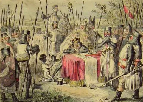 John Leech tarafından çizilen ve "The Comic History of England"  adlı kitapta yer alan, Kral John'un Magna Carta'yı imzaladığı anı tasvir eden karikatür.