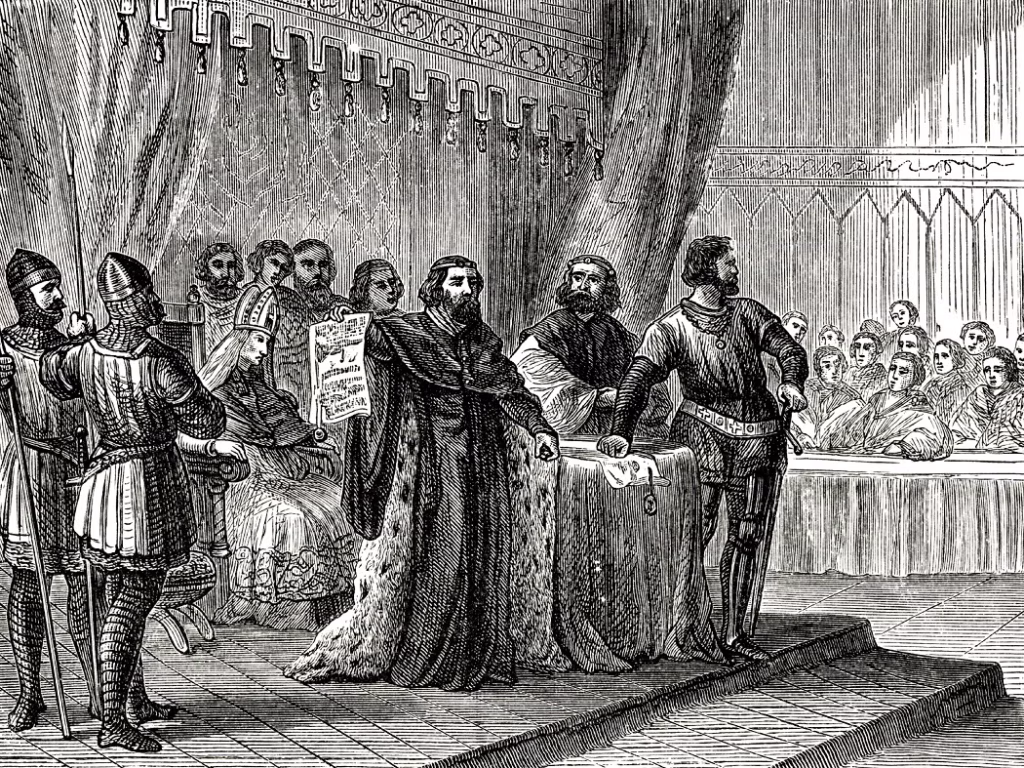 İngiltere Kralı John'un 1215 yılında Magna Carta'yı imzaladığını tasvir eden 19. yüzyıldan kalma bir gravür.