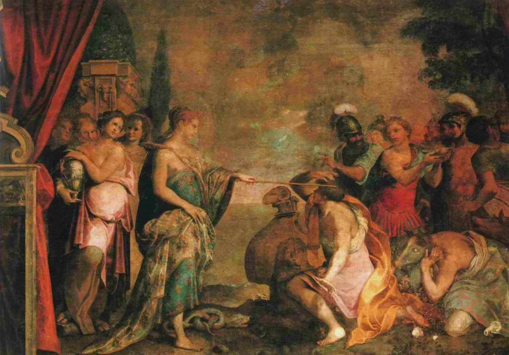 Kirke ve Odysseus’un Aiaia Adası’ndaki karşılaşmasını betimleyen mitolojik sahne