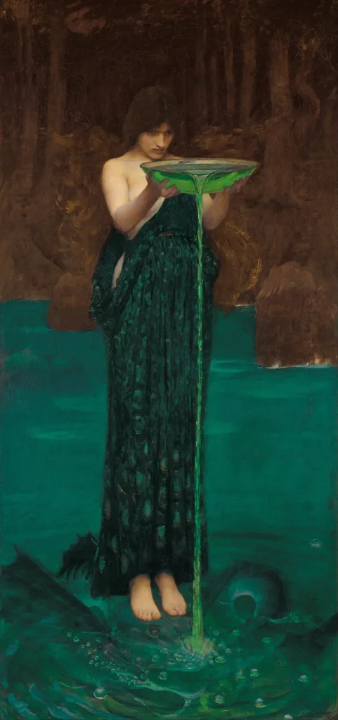 John William Waterhouse, Circe Invidiosa (1892). Yunan mitolojisinin büyücü tanrıçası Kirke’yi betimleyen eser, Homeros’un Odysseia’sından değil, Ovidius’un Metamorfozlar’ında anlatılan bir sahneden esinlenir. Kıskançlığa kapılan Kirke, aşk rakibi Skylla’nın yıkandığı suları büyülü bir iksirle zehirleyerek onun korkunç bir yaratığa dönüşmesine neden olur.